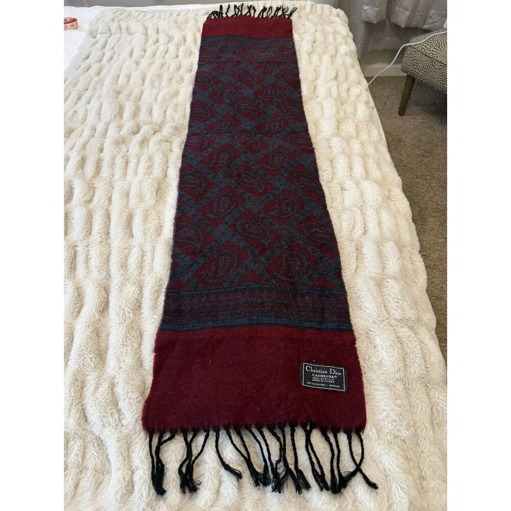 Christian Dior Vintage Cashluxe Fringed Red Plaid Long 100% Acrylic Scarf